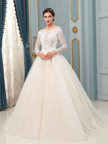 Robe de mariée longue sans manches en tulle et dentelle avec appliques 