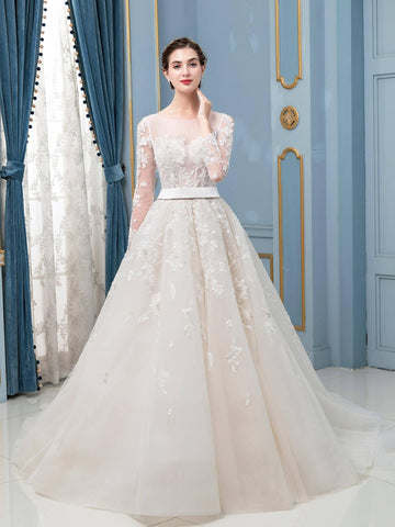 Vestido de novia largo sin mangas con apliques de encaje de tul y cuentas en forma de A hasta el suelo 