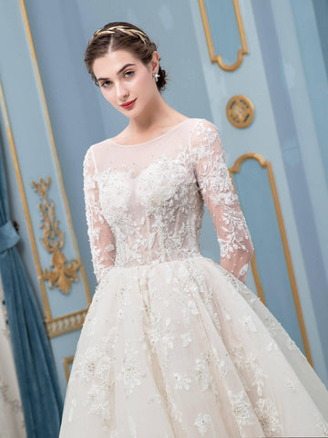 Vestido de novia largo sin mangas con apliques de encaje de tul y cuentas en forma de A hasta el suelo 