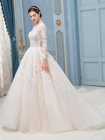 Vestido de novia largo sin mangas con apliques de encaje de tul y cuentas en forma de A hasta el suelo 