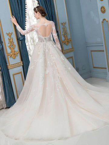 Vestido de novia largo sin mangas con apliques de encaje de tul y cuentas en forma de A hasta el suelo 