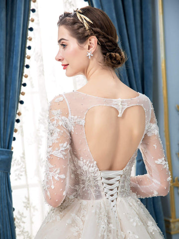 Vestido de novia largo sin mangas con apliques de encaje de tul y cuentas en forma de A hasta el suelo 