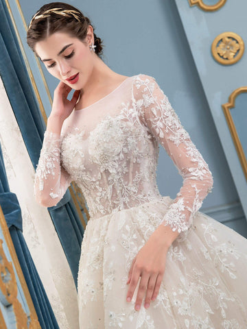 Vestido de novia largo sin mangas con apliques de encaje de tul y cuentas en forma de A hasta el suelo 