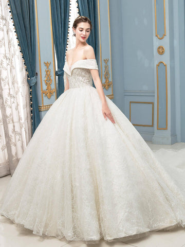 Robe de mariée longue en tulle, dentelle et perles, sans manches, longueur au sol 