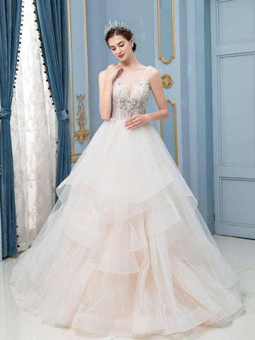 Robe de mariée trapèze en tulle, col en V, perles, sans manches, longueur au sol 