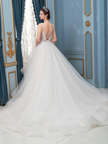 Robe de mariée trapèze en tulle, col en V, perles, sans manches, longueur au sol 