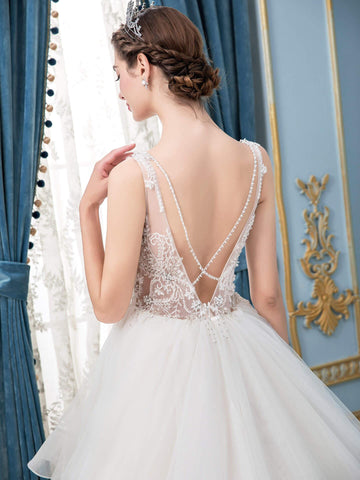 Robe de mariée trapèze en tulle, col en V, perles, sans manches, longueur au sol 