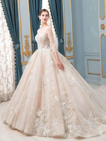 Robe de mariée de style bal, luxueuse, perlée, longueur au sol, manches longues 