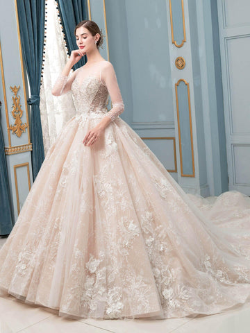 Robe de mariée de style bal, luxueuse, perlée, longueur au sol, manches longues 