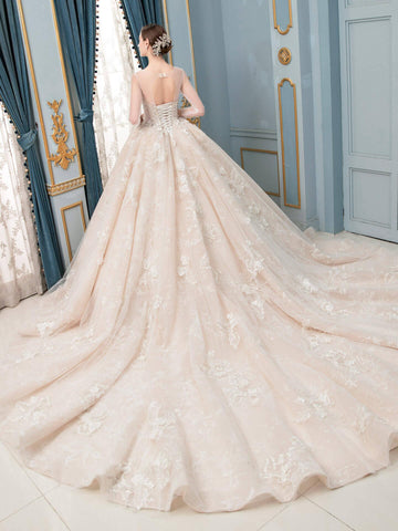 Robe de mariée de style bal, luxueuse, perlée, longueur au sol, manches longues 