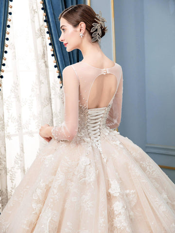 Robe de mariée de style bal, luxueuse, perlée, longueur au sol, manches longues 