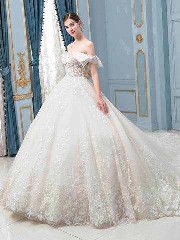 Robe de mariée de style bal, luxueuse, perlée, longueur au sol, épaules dénudées, manches courtes 