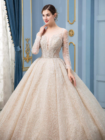 Robe de mariée de style bal, luxueuse, perlée, longueur au sol, manches longues 
