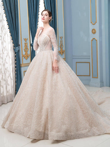 Robe de mariée de style bal, luxueuse, perlée, longueur au sol, manches longues 