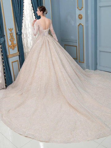 Robe de mariée de style bal, luxueuse, perlée, longueur au sol, manches longues 