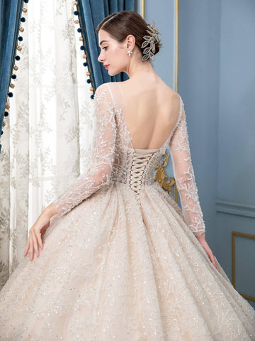 Robe de mariée de style bal, luxueuse, perlée, longueur au sol, manches longues 