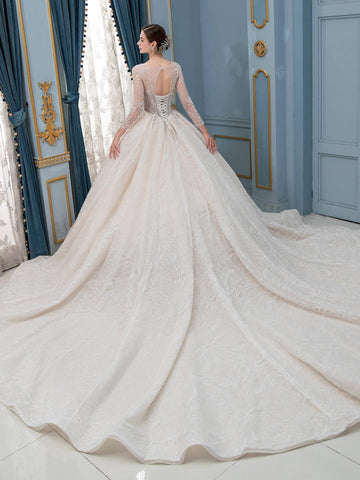 Robe de mariée de style bal, luxueuse, perlée, longueur au sol, manches longues 