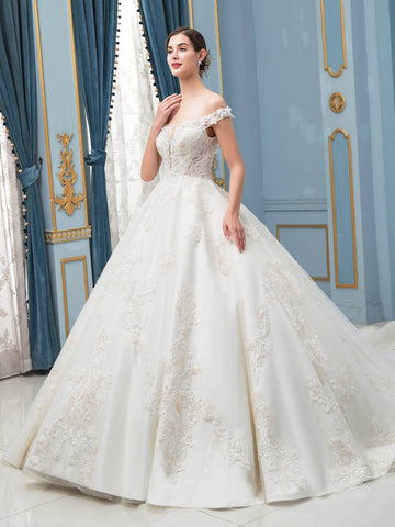 Robe de mariée de style bal, en dentelle, avec appliques et perles, luxueuse, épaules dénudées, longueur au sol, longue traîne 
