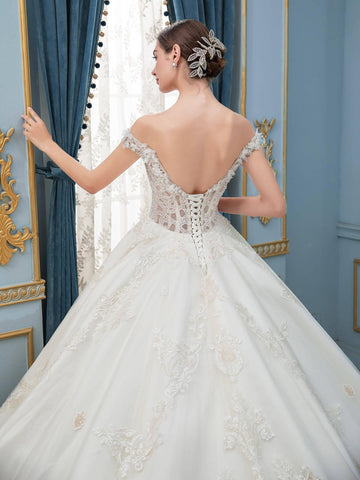 Robe de mariée de style bal, en dentelle, avec appliques et perles, luxueuse, épaules dénudées, longueur au sol, longue traîne 