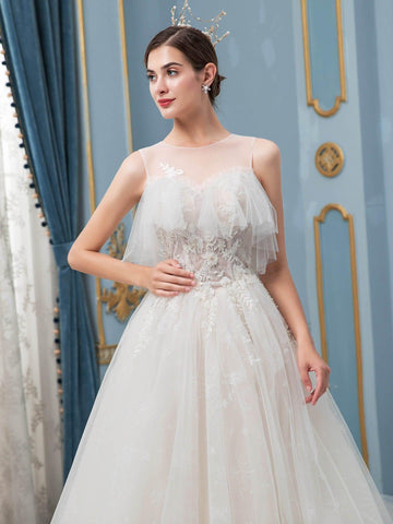 Robe de mariée trapèze en tulle et perles, sans manches, longueur au sol, avec longue traîne 