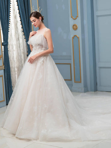 Robe de mariée trapèze en tulle et perles, sans manches, longueur au sol, avec longue traîne 
