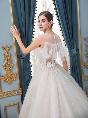 Robe de mariée trapèze en tulle et perles, sans manches, longueur au sol, avec longue traîne 