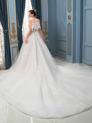 Robe de mariée trapèze en tulle et perles, sans manches, longueur au sol, avec longue traîne 