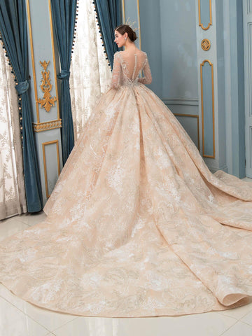 Robe de mariée de style bal, luxueuse, perlée à la main, longueur au sol, manches longues, avec longue traîne 