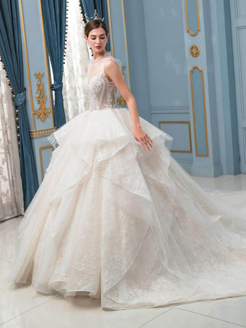 Robe de mariée de style bal, luxueuse, faite à la main, avec perles, longueur au sol, sans manches et longue traîne 