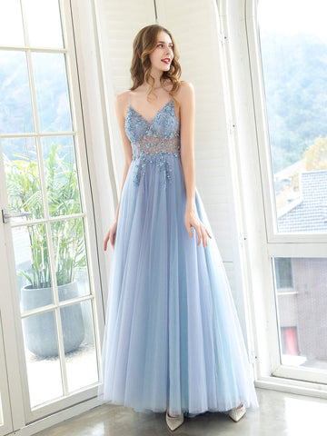 Robes de soirée de boutique, robe de bal de luxe perlée, robes de soirée de luxe, robe à bretelles spaghetti, bleu