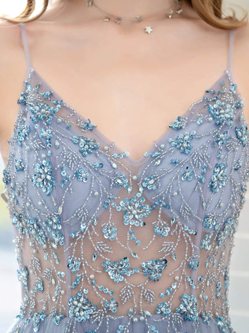 Robes de soirée de boutique, robe de bal de luxe perlée, robes de soirée de luxe, robe à bretelles spaghetti, bleu