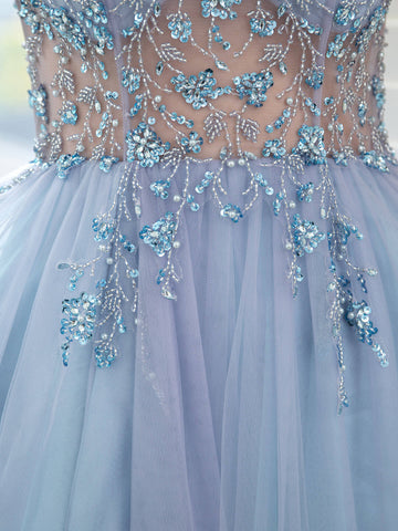 Robes de soirée de boutique, robe de bal de luxe perlée, robes de soirée de luxe, robe à bretelles spaghetti, bleu