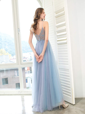 Robes de soirée de boutique, robe de bal de luxe perlée, robes de soirée de luxe, robe à bretelles spaghetti, bleu