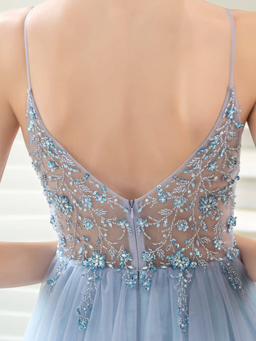 Robes de soirée de boutique, robe de bal de luxe perlée, robes de soirée de luxe, robe à bretelles spaghetti, bleu