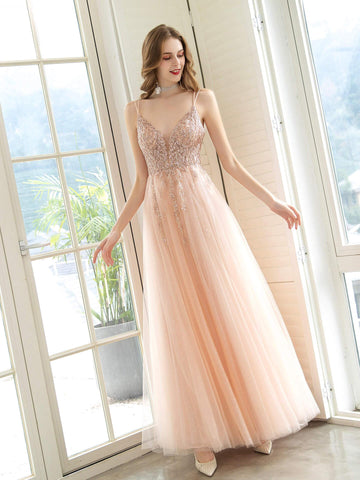 A-Line Glittering Fairy Engagement Prom Dress Spaghetti Strap Sleeveless Floor Length Tulle with Pleats Sequin