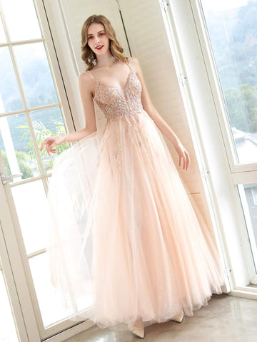 A-Line Glittering Fairy Engagement Prom Dress Spaghetti Strap Sleeveless Floor Length Tulle with Pleats Sequin