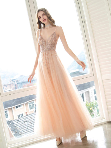 A-Line Glittering Fairy Engagement Prom Dress Spaghetti Strap Sleeveless Floor Length Tulle with Pleats Sequin