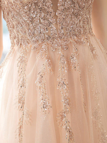 A-Line Glittering Fairy Engagement Prom Dress Spaghetti Strap Sleeveless Floor Length Tulle with Pleats Sequin