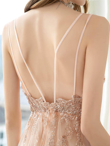 A-Line Glittering Fairy Engagement Prom Dress Spaghetti Strap Sleeveless Floor Length Tulle with Pleats Sequin