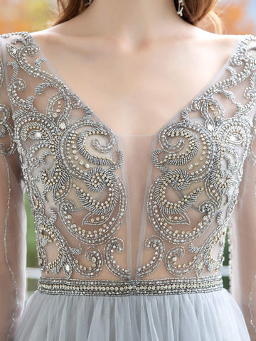 Vestido de noche formal, lujoso, sexy y elegante, de corte A, con tul, pedrería y mangas largas hasta el suelo, de Baoleely.