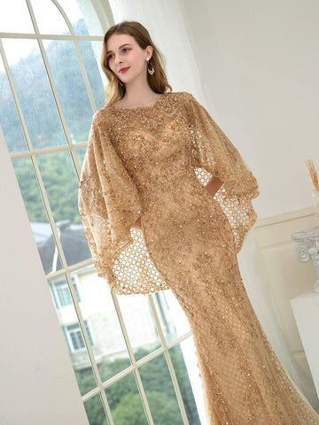 Vestidos de noche formales de lujo con corte sirena/trompeta y cuentas de Baoleely, de manga larga y hasta el suelo. 