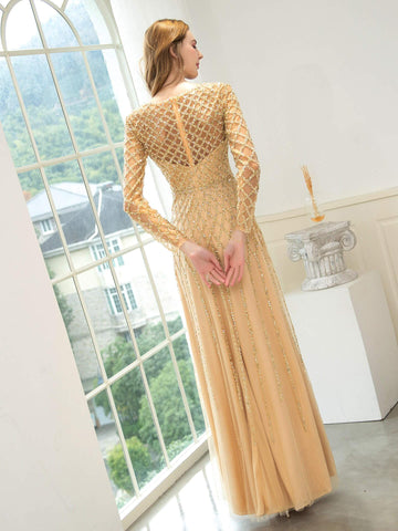 Vestidos de noche formales de lujo con cuentas y corte en A, de moda, de manga larga y hasta el suelo, para fiesta de graduación 