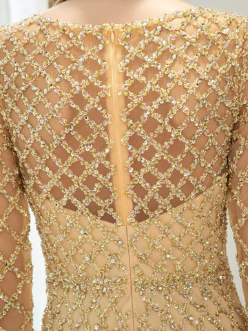 Vestidos de noche formales de lujo con cuentas y corte en A, de moda, de manga larga y hasta el suelo, para fiesta de graduación 