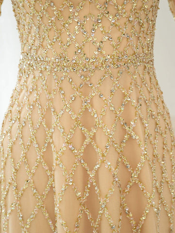 Vestidos de noche formales de lujo con cuentas y corte en A, de moda, de manga larga y hasta el suelo, para fiesta de graduación 