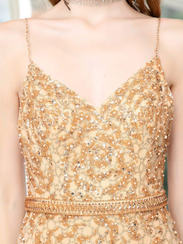 Vestido de noche formal de lujo con estampado de sirena, cuentas, tirantes finos, sin mangas y largo hasta el suelo, de Baoleely. 