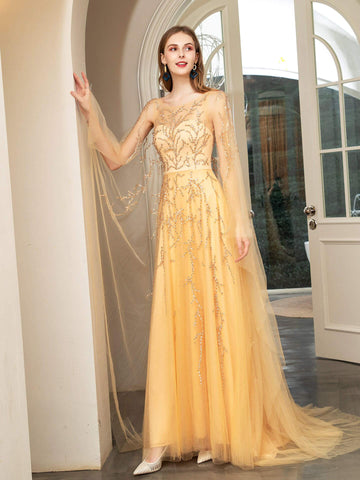 Vestidos de noche formales de lujo con cuentas y corte en A de Baoleely, sin mangas y largos hasta el suelo. 