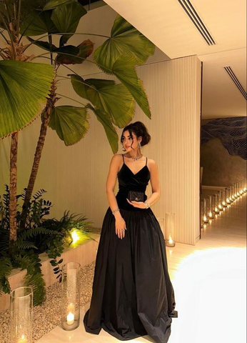 Vestido largo de fiesta negro con tirantes, estilo elegante, modelo Y7992