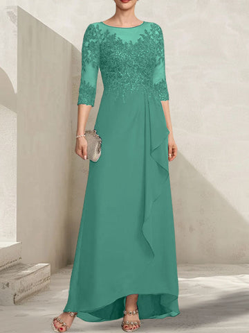 A-line Scoop Illusion Asymmetrical Lace Chiffon Mother of the Bride Dress With Sequins Cascading Ruffles
