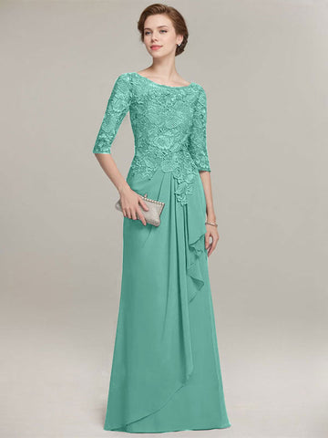 A-line Scoop Illusion Floor-Length Lace Chiffon Mother of the Bride Dress With Cascading Ruffles
