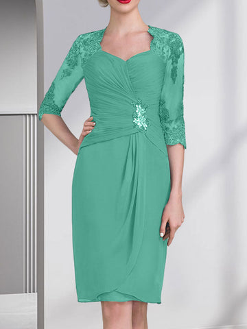 Sheath/Column Sweetheart Knee-Length Chiffon Mother of the Bride Dress With Beading Appliques Lace Sequins Pleated